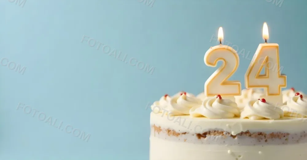 A Birthday Cake With White Frosting And A Candle In The Shape Of The Number 24 Light Blue Background 3 2c88