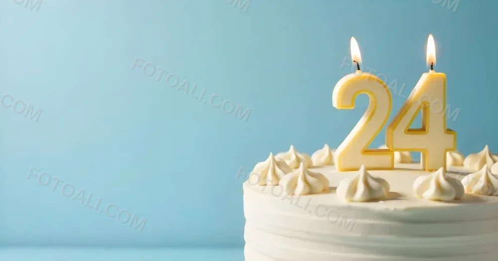 A Birthday Cake With White Frosting And A Candle In The Shape Of The Number 24 Light Blue Background 5 Aea9