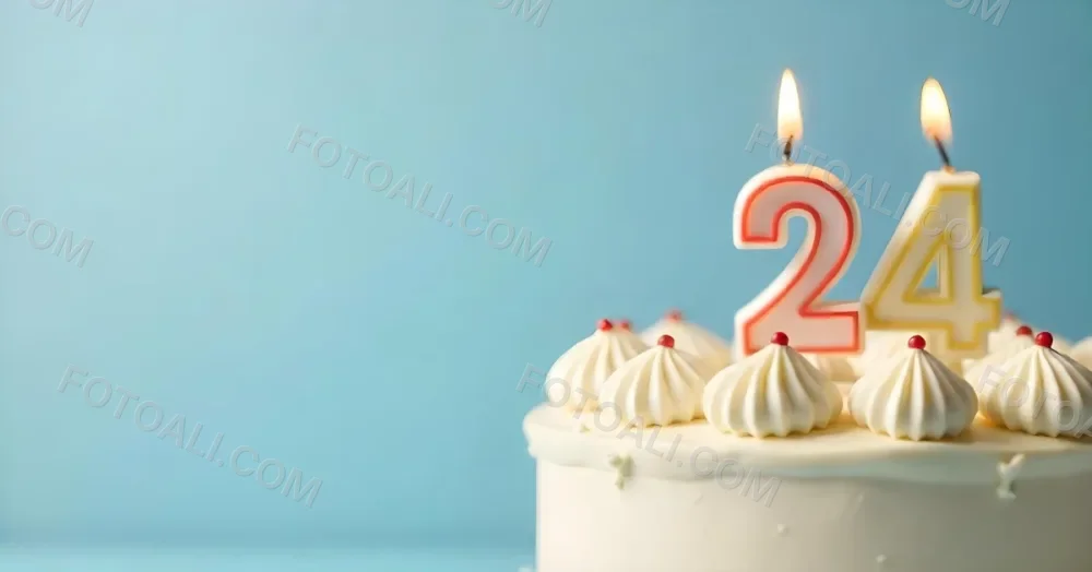 A Birthday Cake With White Frosting And A Candle In The Shape Of The Number 24 Light Blue Background 9 2590