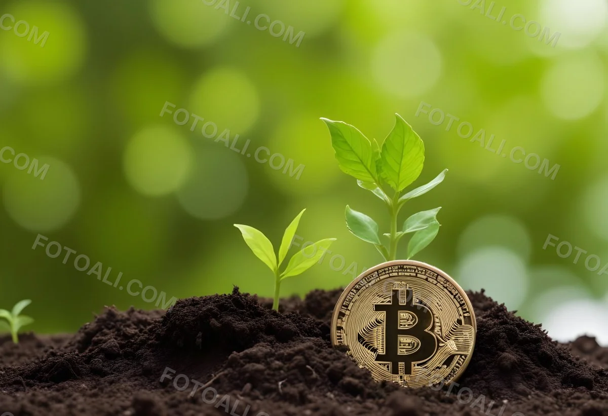 A Bitcoin Coin In The Soil With A Plant Growing Green Background 10 B0aa