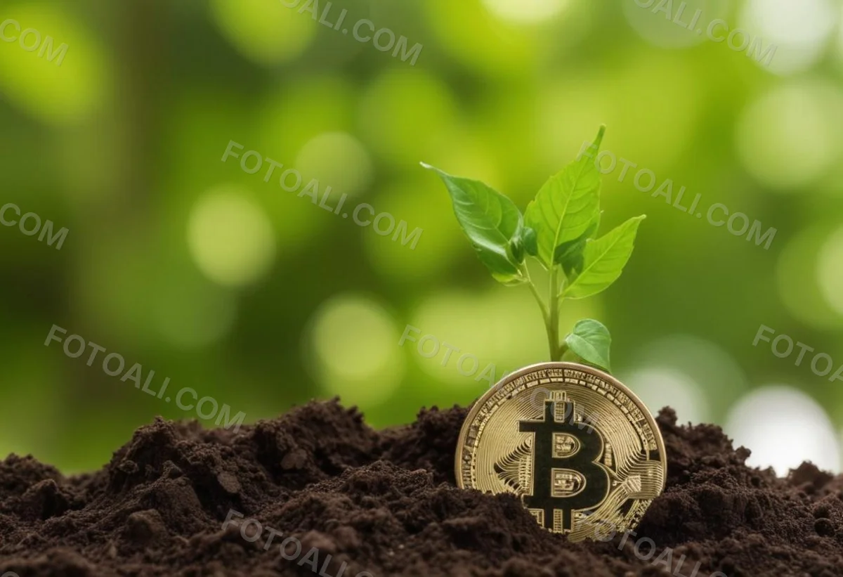 A Bitcoin Coin In The Soil With A Plant Growing Green Background 15 E21c
