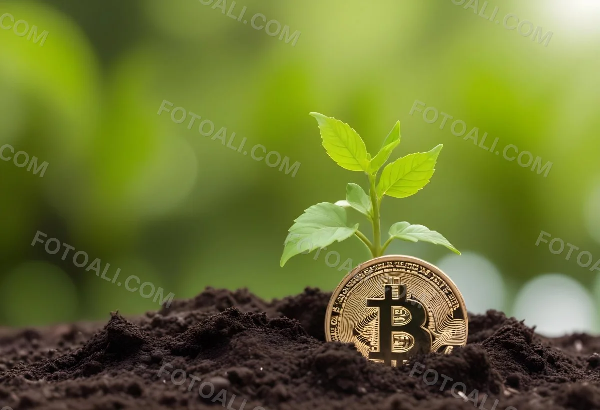 A Bitcoin Coin In The Soil With A Plant Growing Green Background 18 F396