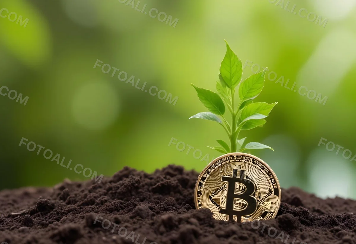 A Bitcoin Coin In The Soil With A Plant Growing Green Background 21 B045