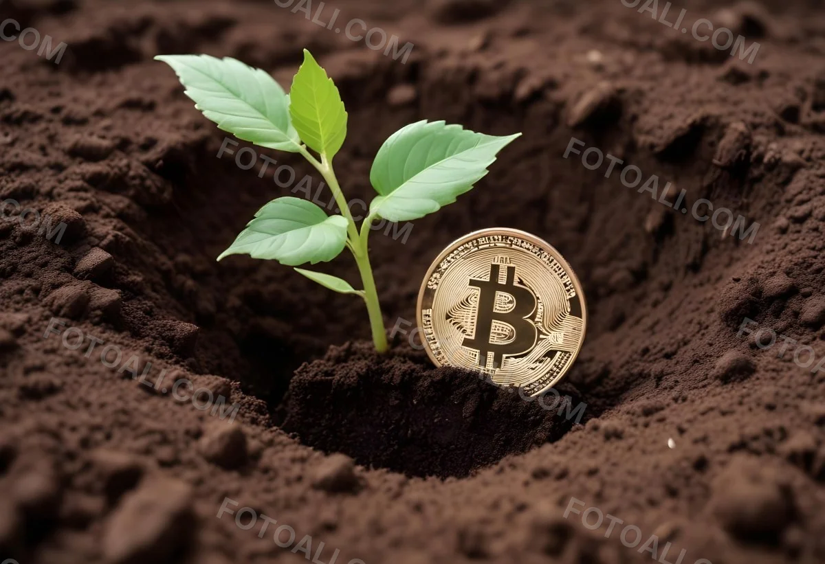 A Bitcoin Coin In The Soil With A Plant Growing Green Background 23 B94b