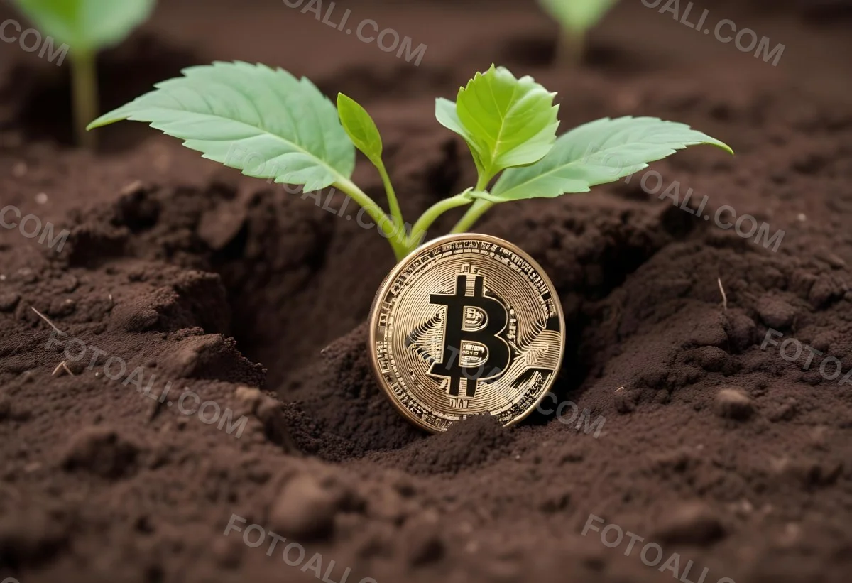 A Bitcoin Coin In The Soil With A Plant Growing Green Background 24 C884