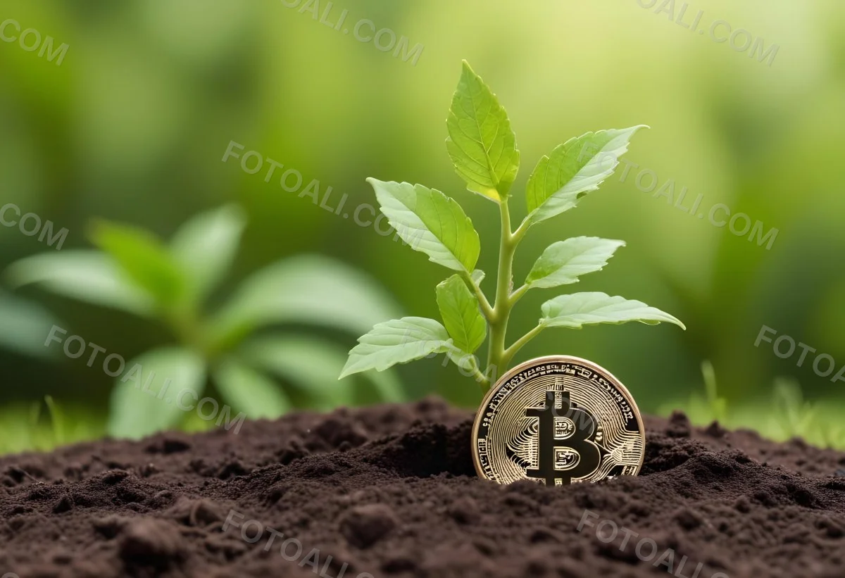 A Bitcoin Coin In The Soil With A Plant Growing Green Background 26 A0dc