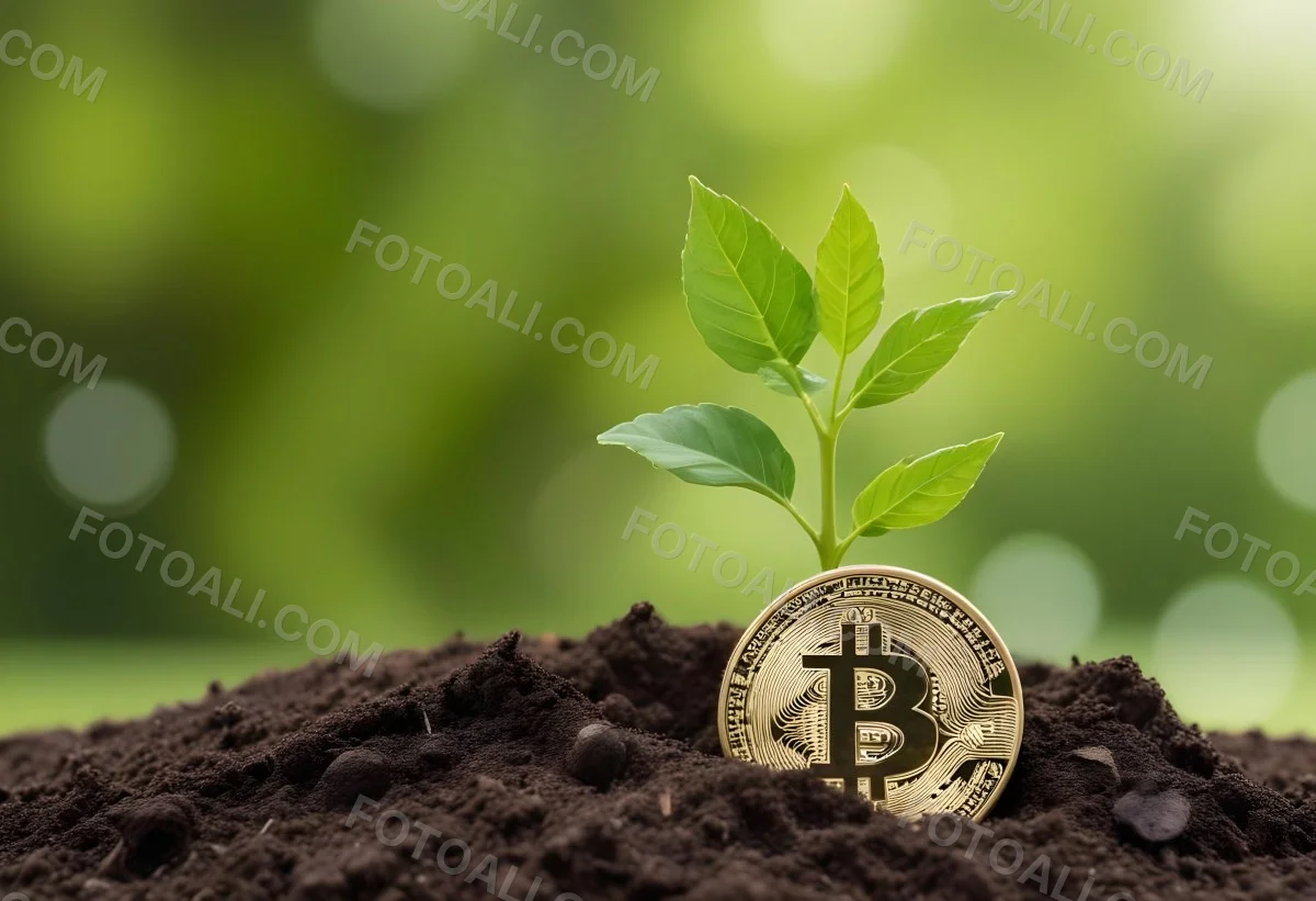 A Bitcoin Coin In The Soil With A Plant Growing Green Background 3 76ac
