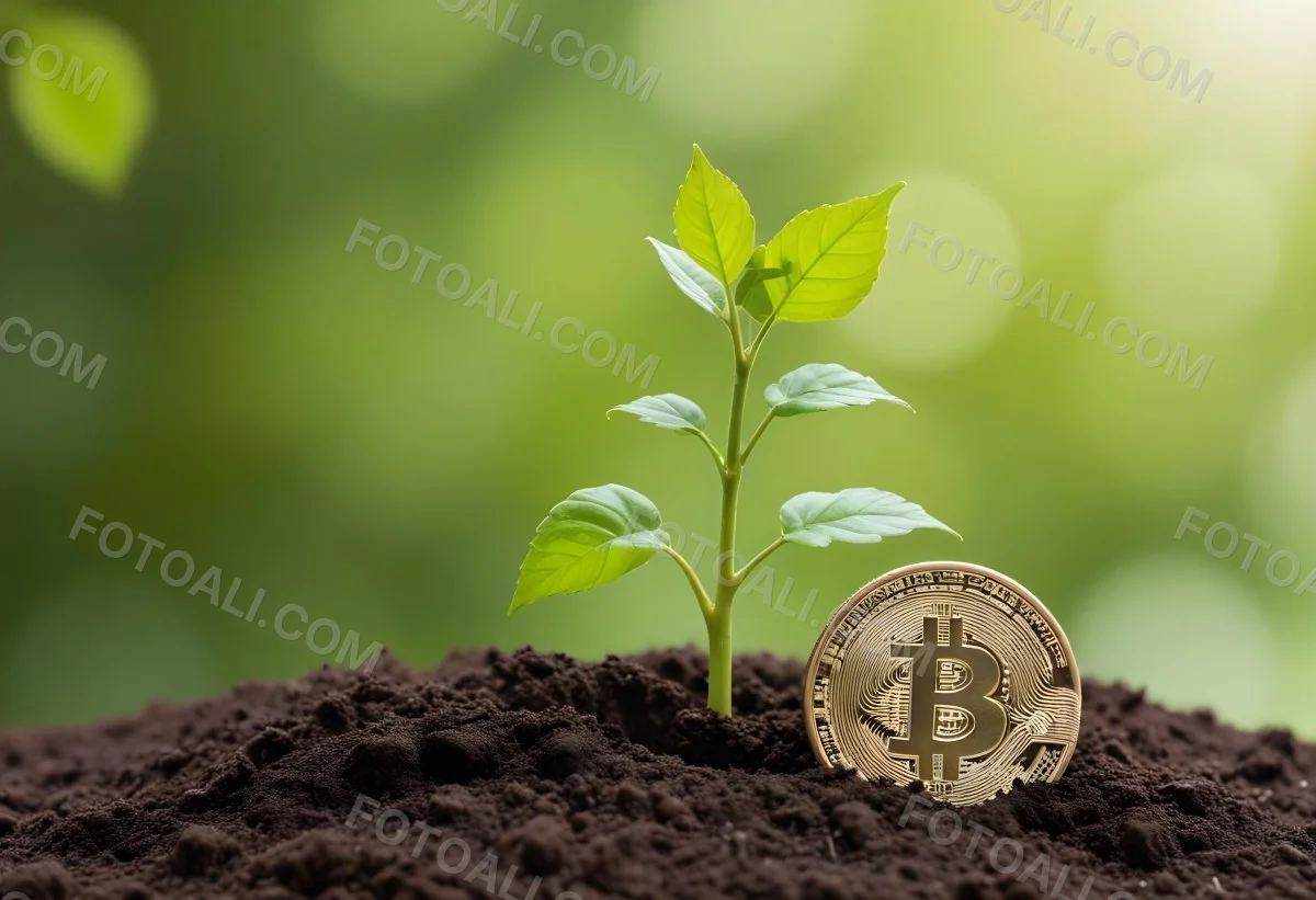 A Bitcoin Coin In The Soil With A Plant Growing Green Background 5 91e9