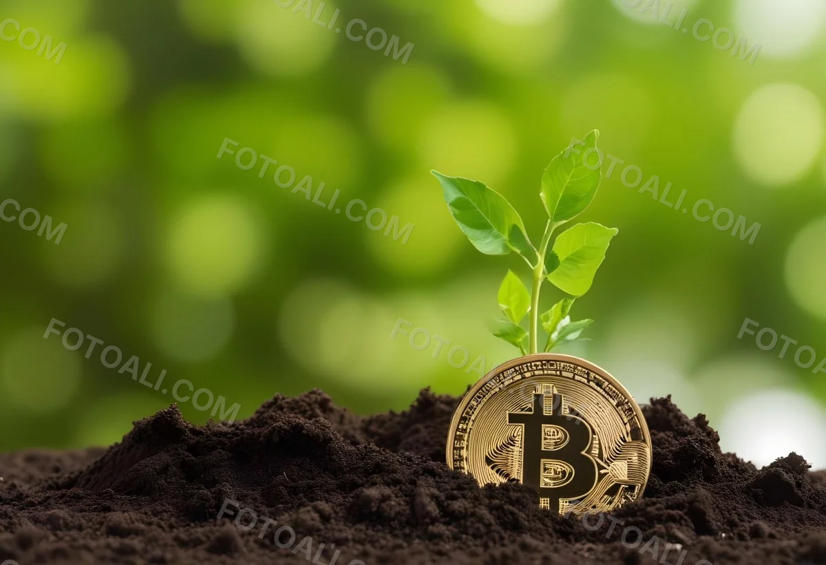 A Bitcoin Coin In The Soil With A Plant Growing Green Background 6 A940