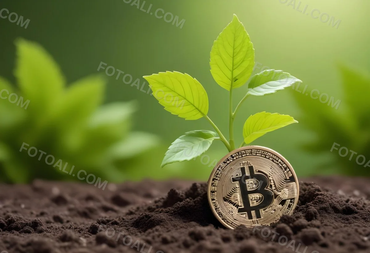A Bitcoin Coin In The Soil With A Plant Growing Green Background 7 2617
