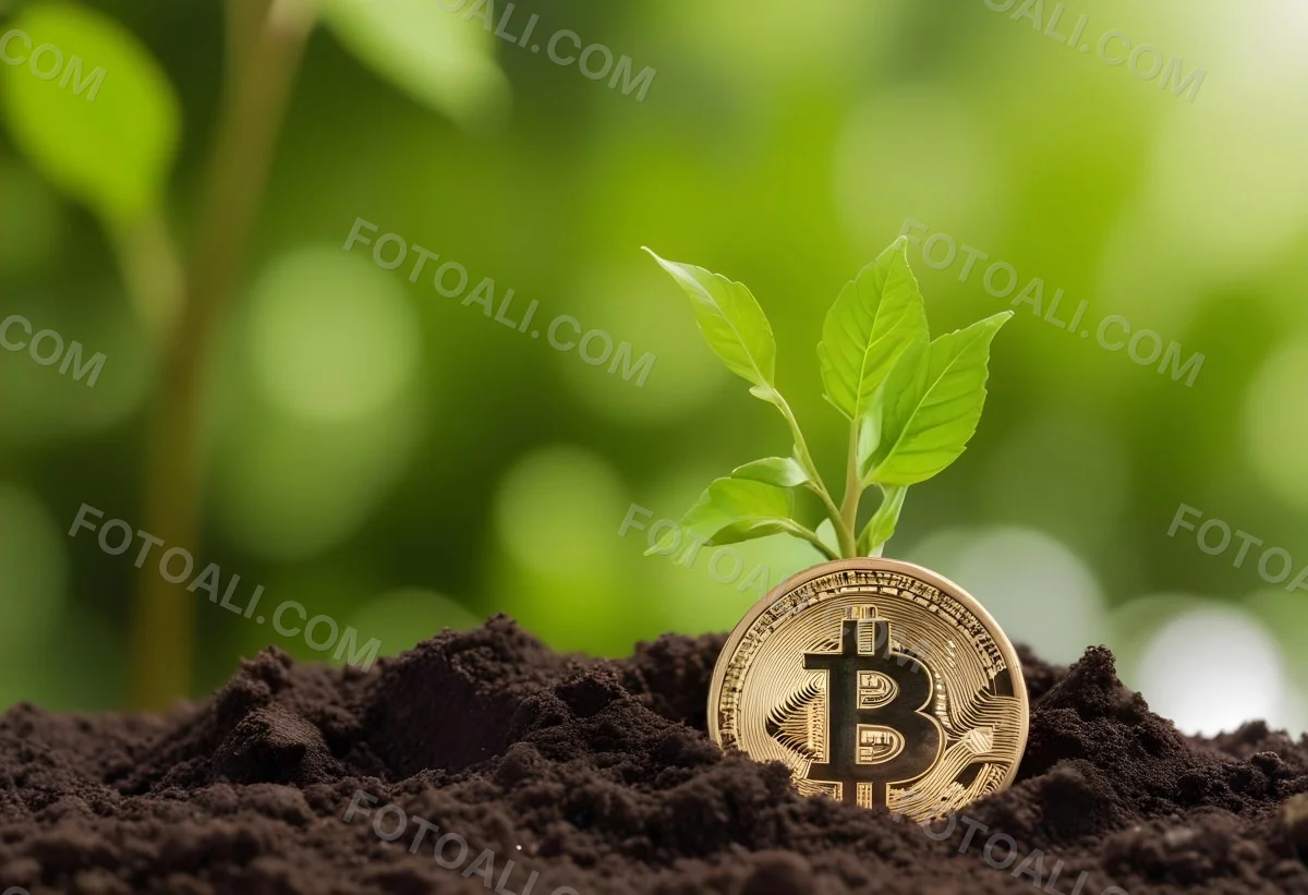 A Bitcoin Coin In The Soil With A Plant Growing Green Background 8 0d29