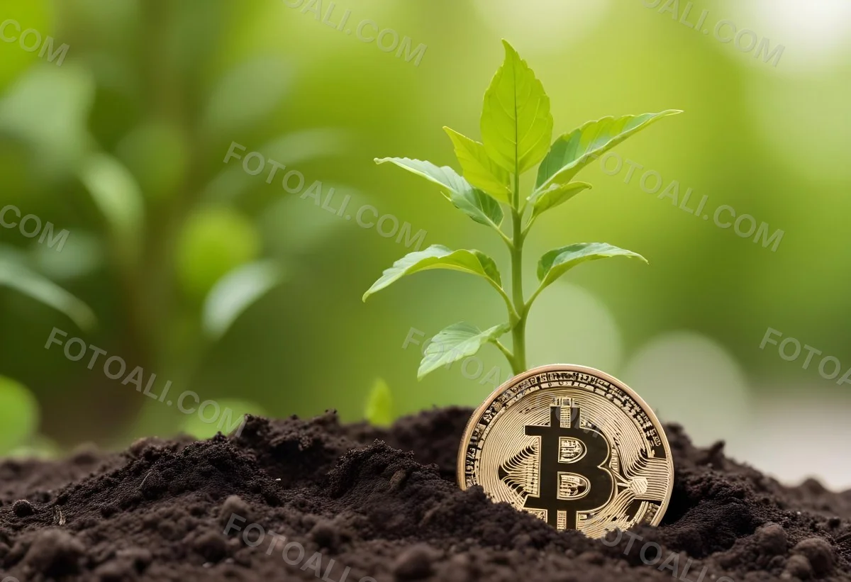 A Bitcoin Coin In The Soil With A Plant Growing Green Background 9 7abf