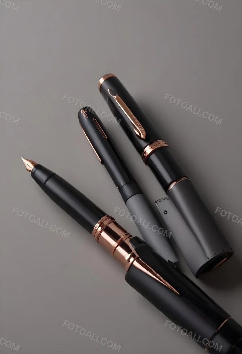 A Black And Rose Gold Fountain Pen And A Black Pen Case On A Gray Background 8