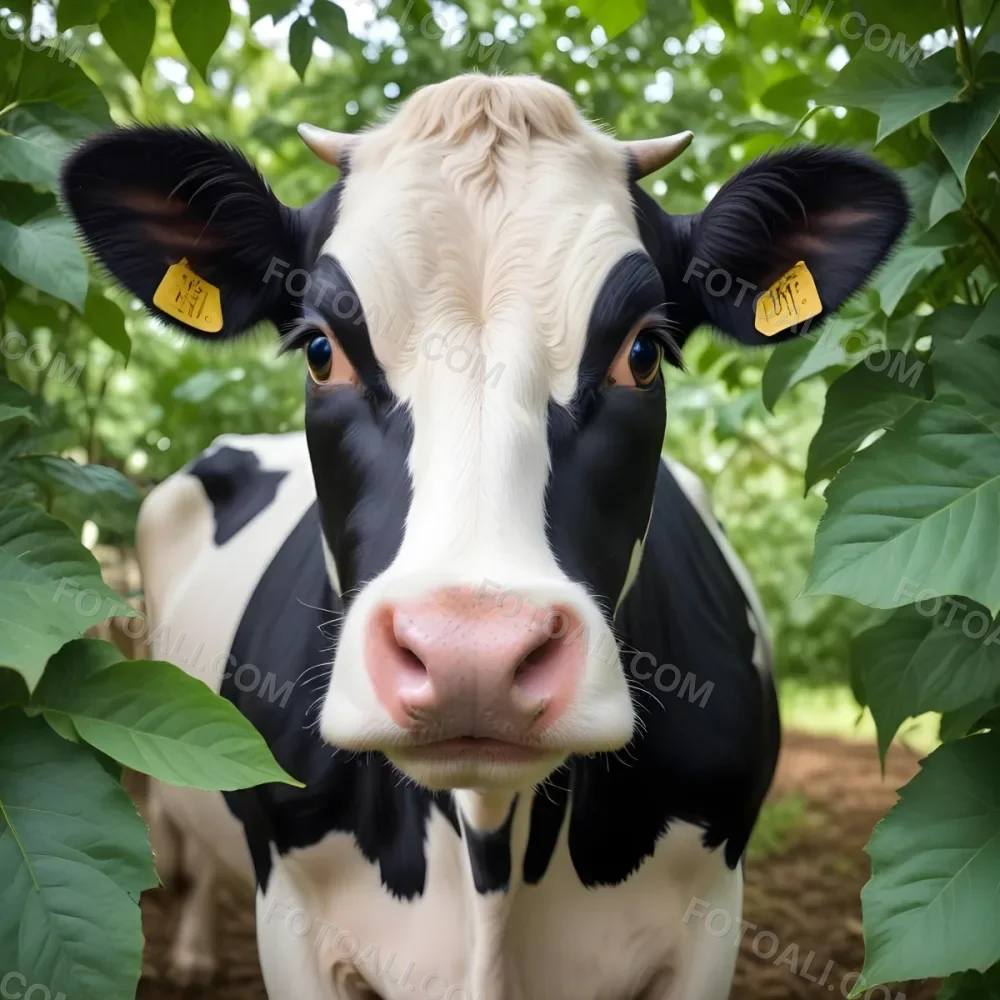 A Black And White Dairy Cow With Large Eyes And Ears Surrounded By Lush Green Foliage 9