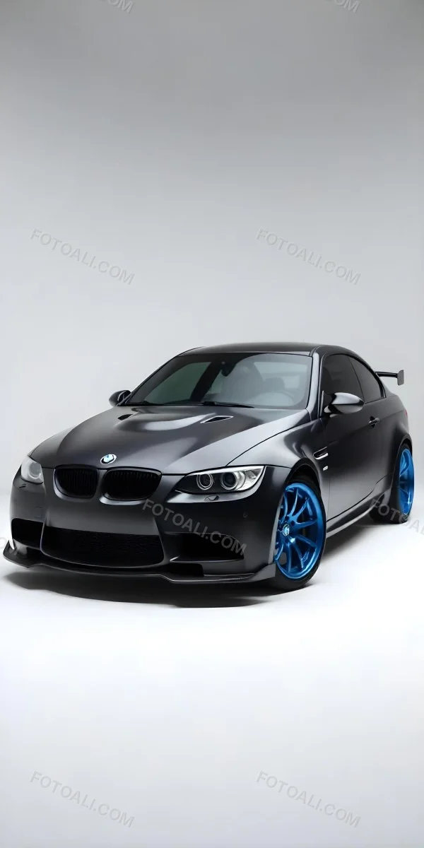 A Black Bmw M3 E92 With A Wide Body Kit Blue Rims And A Carbon Fiber Front Lip Studio Background 20 8cf3