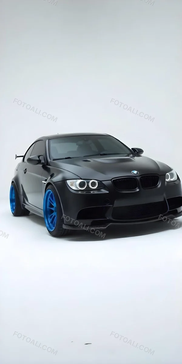A Black Bmw M3 E92 With A Wide Body Kit Blue Rims And A Carbon Fiber Front Lip Studio Background 27 A90b