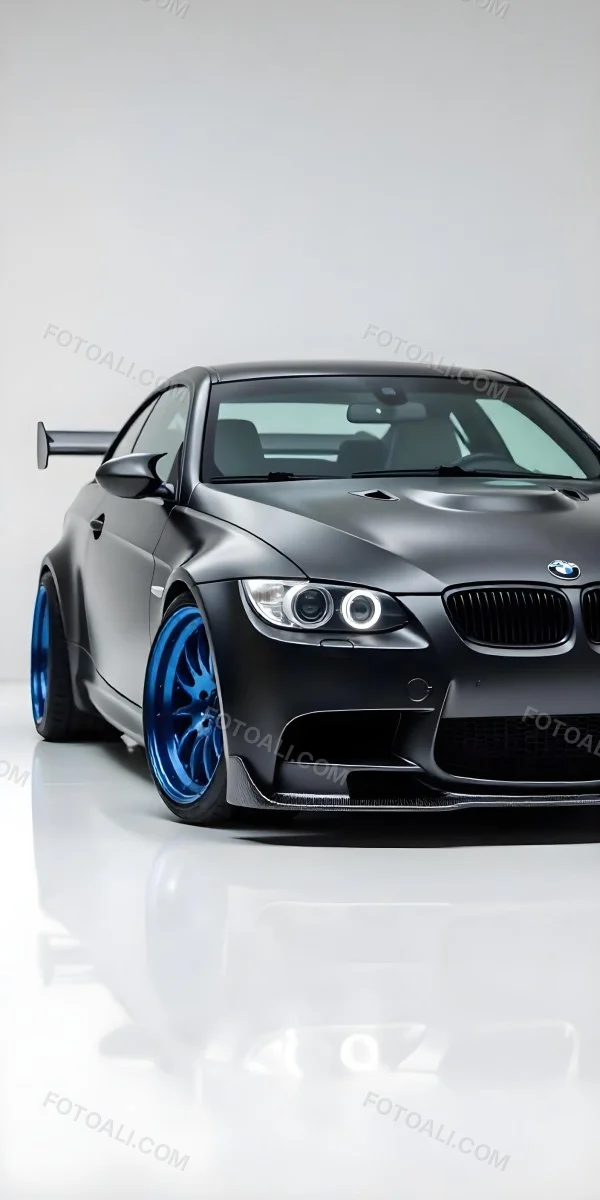 A Black Bmw M3 E92 With A Wide Body Kit Blue Rims And A Carbon Fiber Front Lip Studio Background 3 D9dd