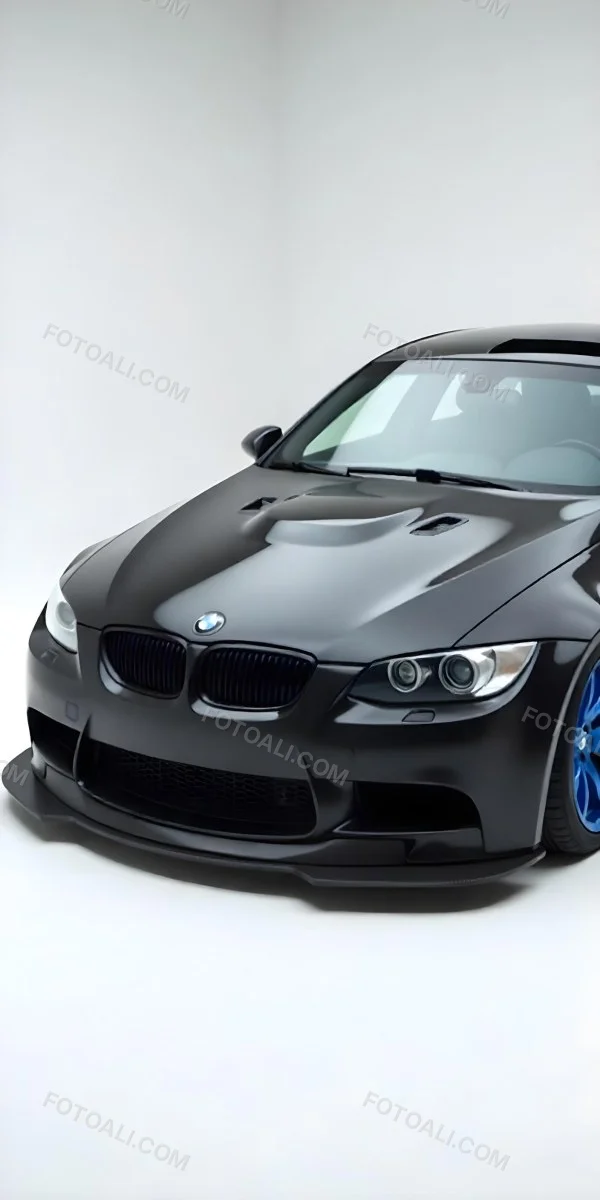 A Black Bmw M3 E92 With A Wide Body Kit Blue Rims And A Carbon Fiber Front Lip Studio Background 5 F579