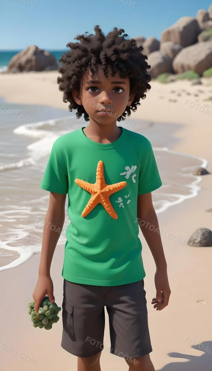 A Black Boy With Black Eyes Curly Hair 10 Years Old Wearing A Black T Shirt With A Starfish On A Beach With Green Rocks 10 0e52