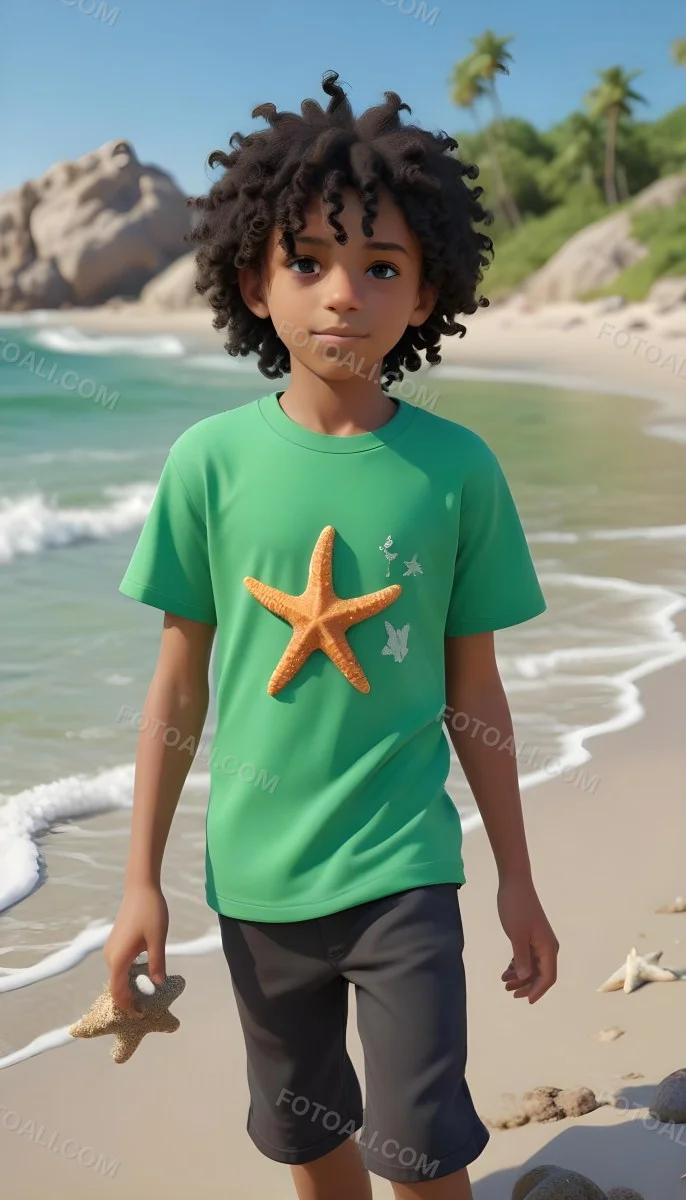 A Black Boy With Black Eyes Curly Hair 10 Years Old Wearing A Black T Shirt With A Starfish On A Beach With Green Rocks 14 E06b