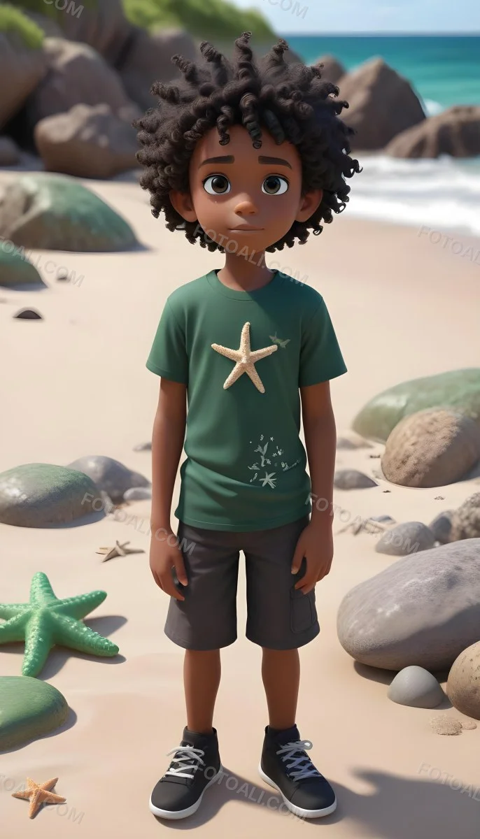 A Black Boy With Black Eyes Curly Hair 10 Years Old Wearing A Black T Shirt With A Starfish On A Beach With Green Rocks 28 7803