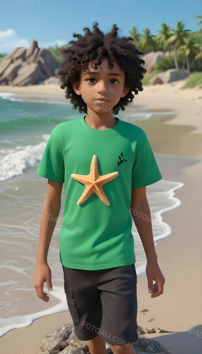 A Black Boy With Black Eyes Curly Hair 10 Years Old Wearing A Black T Shirt With A Starfish On A Beach With Green Rocks 3 F7e4