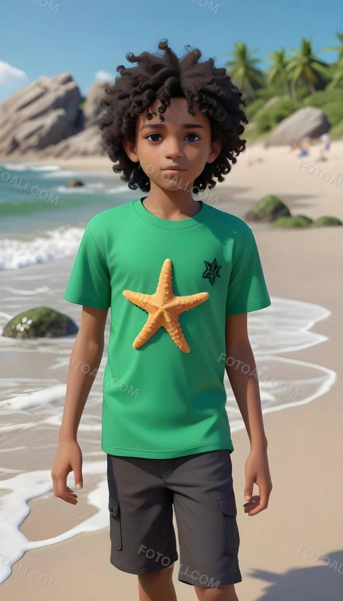 A Black Boy With Black Eyes Curly Hair 10 Years Old Wearing A Black T Shirt With A Starfish On A Beach With Green Rocks 31 8290