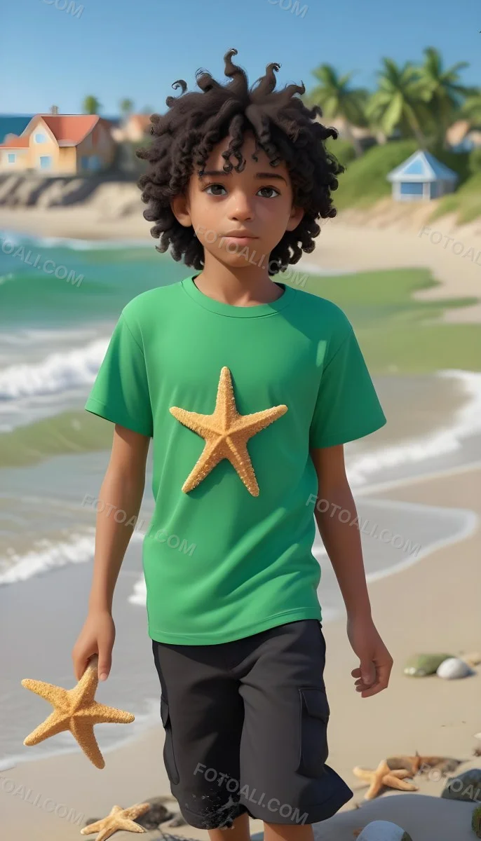 A Black Boy With Black Eyes Curly Hair 10 Years Old Wearing A Black T Shirt With A Starfish On A Beach With Green Rocks 36 D20e