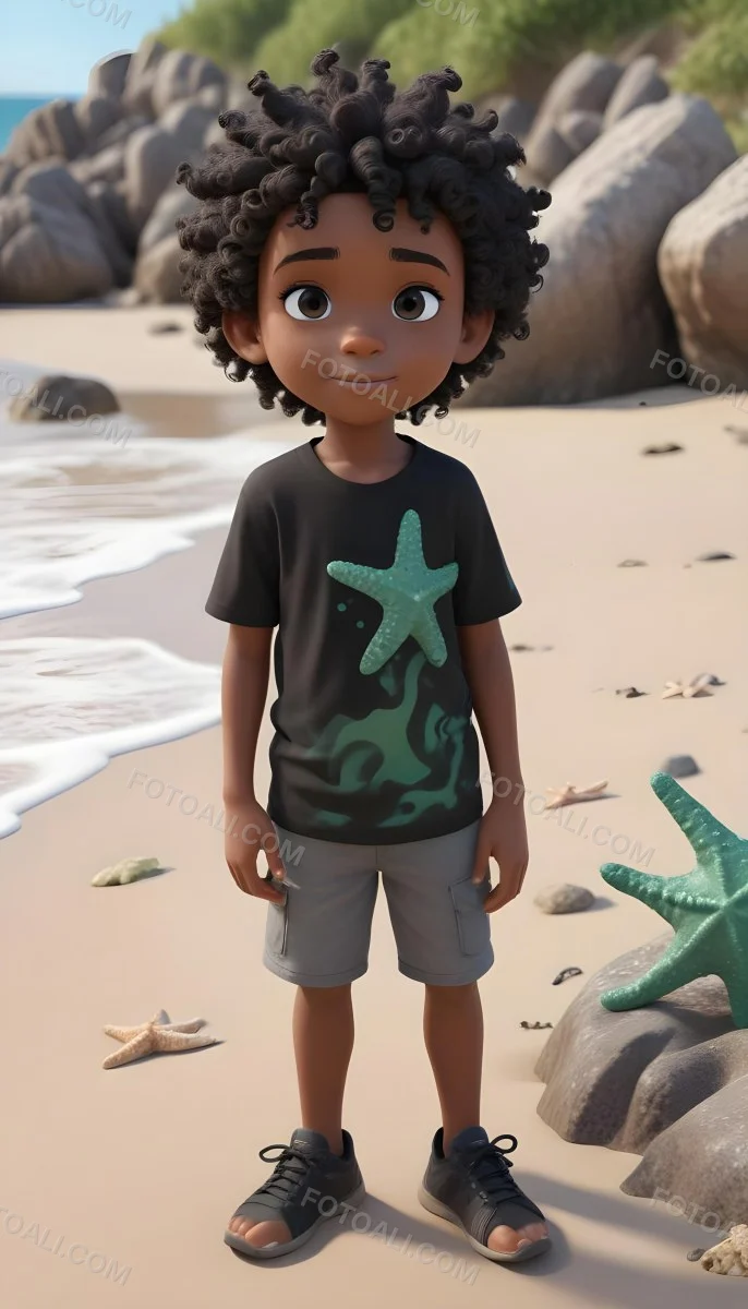 A Black Boy With Black Eyes Curly Hair 10 Years Old Wearing A Black T Shirt With A Starfish On A Beach With Green Rocks 39 Ba1c
