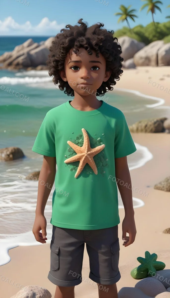 A Black Boy With Black Eyes Curly Hair 10 Years Old Wearing A Black T Shirt With A Starfish On A Beach With Green Rocks 40 E6e5