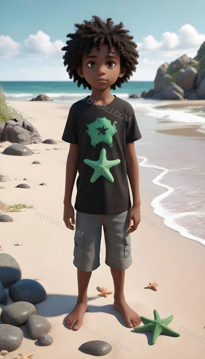 A Black Boy With Black Eyes Curly Hair 10 Years Old Wearing A Black T Shirt With A Starfish On A Beach With Green Rocks 41 8df0