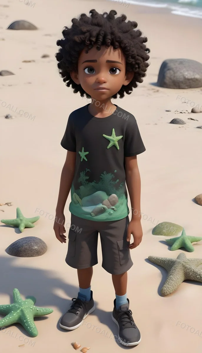 A Black Boy With Black Eyes Curly Hair 10 Years Old Wearing A Black T Shirt With A Starfish On A Beach With Green Rocks 44 6ffe