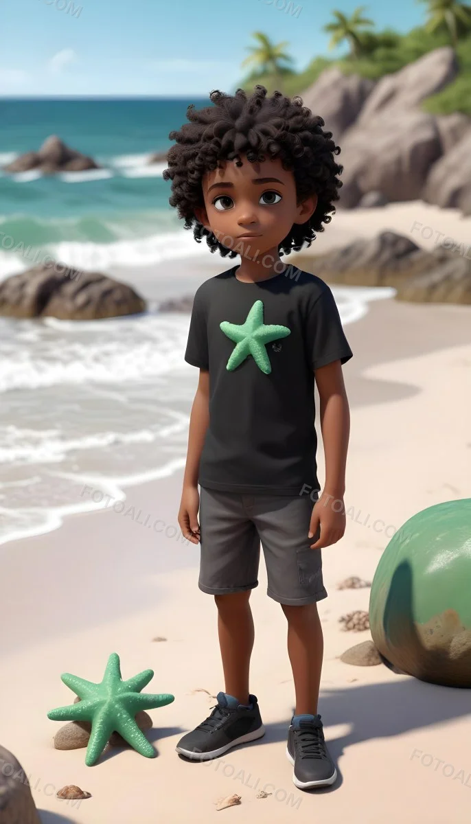 A Black Boy With Black Eyes Curly Hair 10 Years Old Wearing A Black T Shirt With A Starfish On A Beach With Green Rocks 8 Ad7d