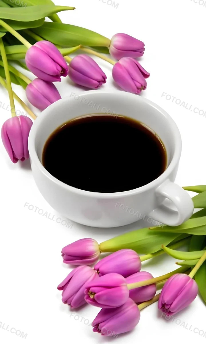 A Black Cup Of Black Coffee Surrounded By Purple Tulips On A Black Background 1 Bfdb