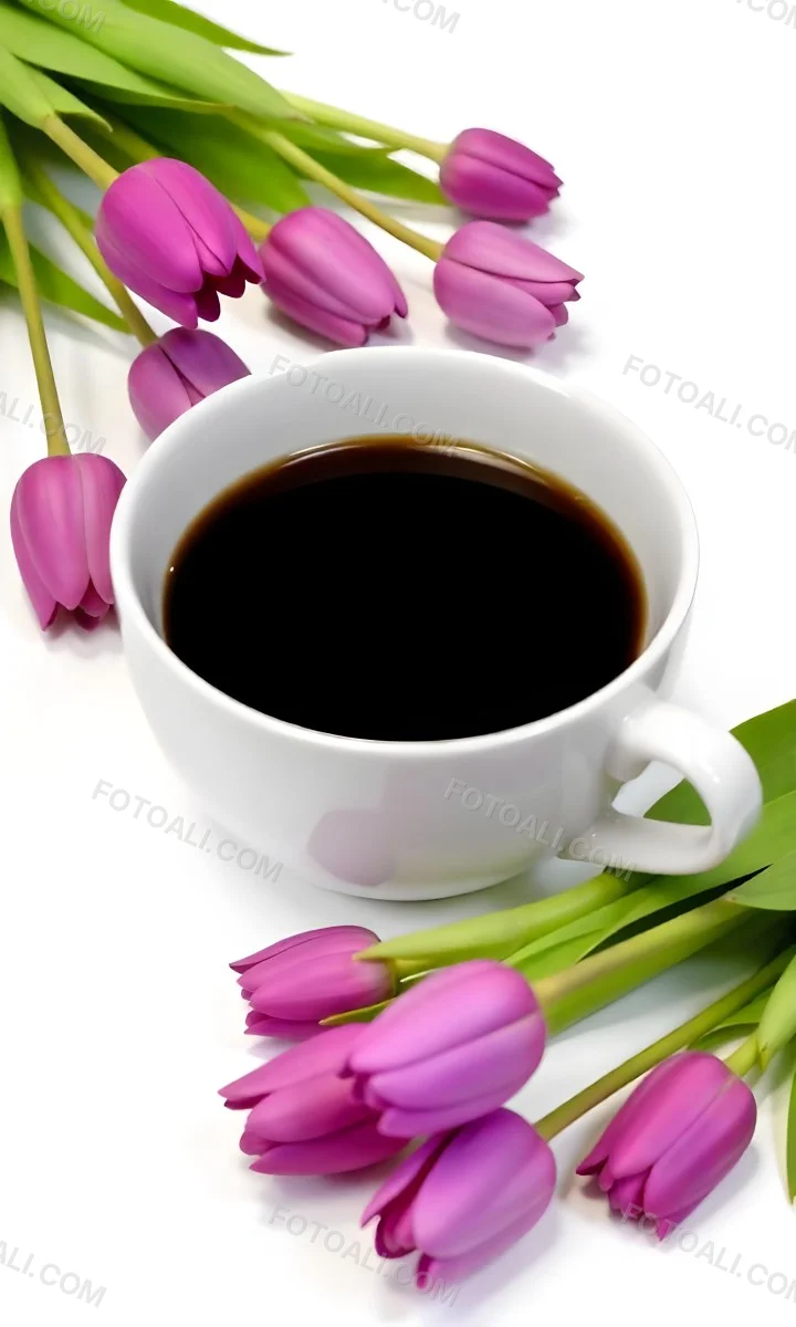 A Black Cup Of Black Coffee Surrounded By Purple Tulips On A Black Background 10 05a1