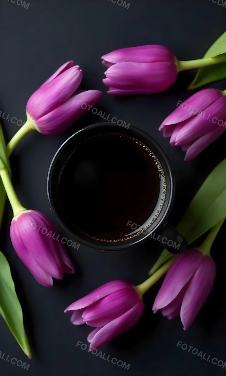 A Black Cup Of Black Coffee Surrounded By Purple Tulips On A Black Background 13 59fe
