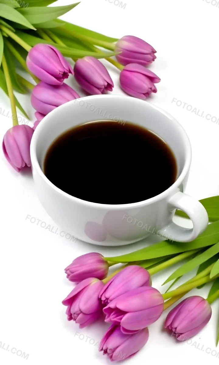 A Black Cup Of Black Coffee Surrounded By Purple Tulips On A Black Background 14 Dc08