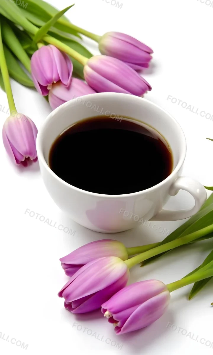 A Black Cup Of Black Coffee Surrounded By Purple Tulips On A Black Background 15 788c