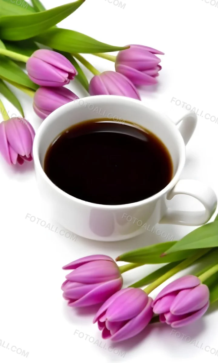 A Black Cup Of Black Coffee Surrounded By Purple Tulips On A Black Background 16 747c