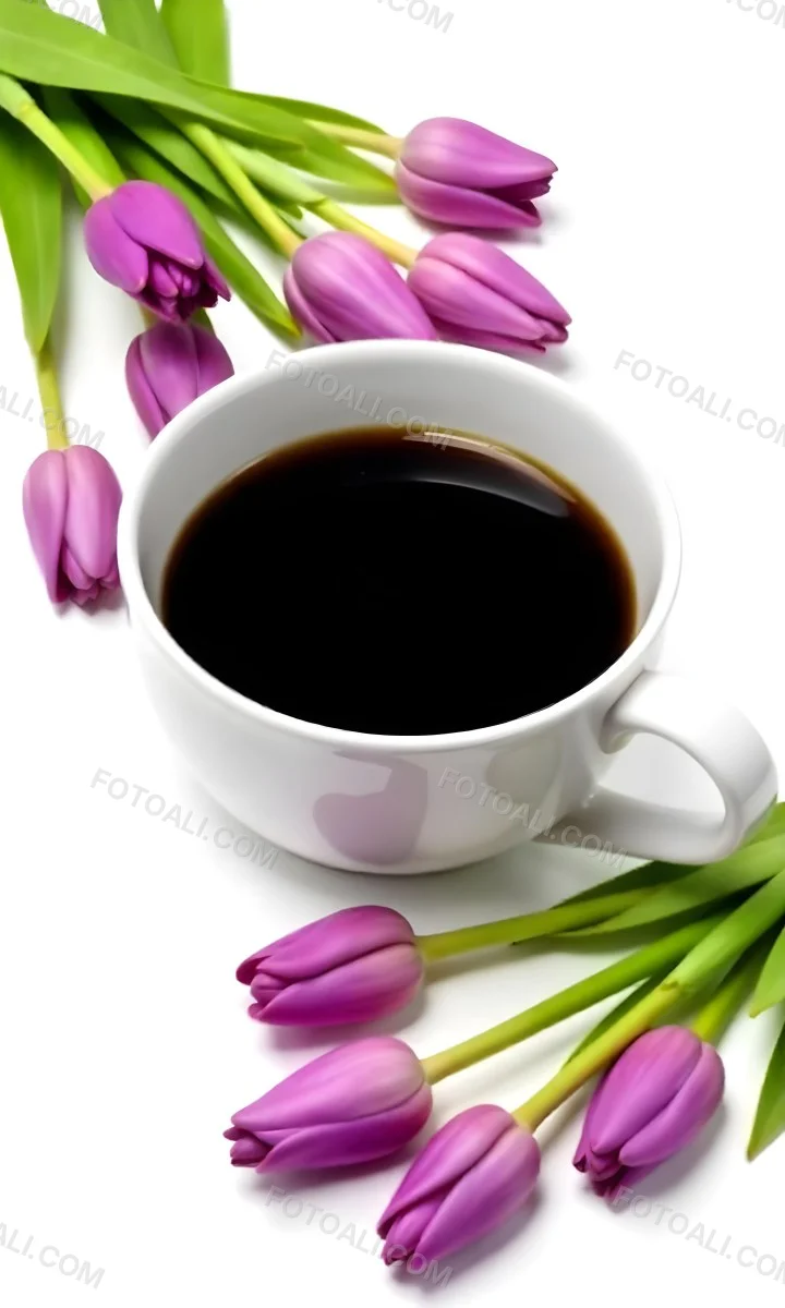 A Black Cup Of Black Coffee Surrounded By Purple Tulips On A Black Background 18 5bf4