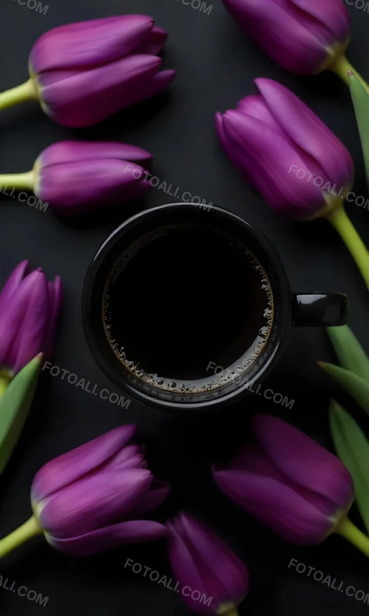 A Black Cup Of Black Coffee Surrounded By Purple Tulips On A Black Background 19 F457
