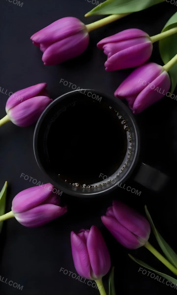 A Black Cup Of Black Coffee Surrounded By Purple Tulips On A Black Background 2 0c15