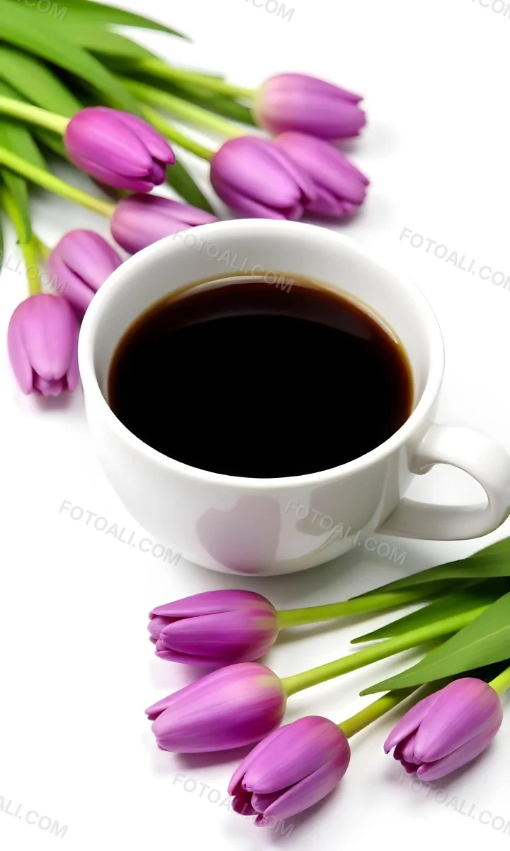 A Black Cup Of Black Coffee Surrounded By Purple Tulips On A Black Background 20 4a17