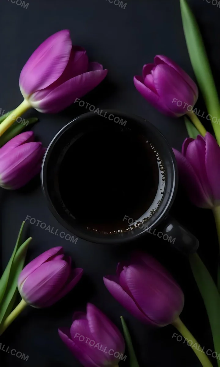 A Black Cup Of Black Coffee Surrounded By Purple Tulips On A Black Background 21 E32d