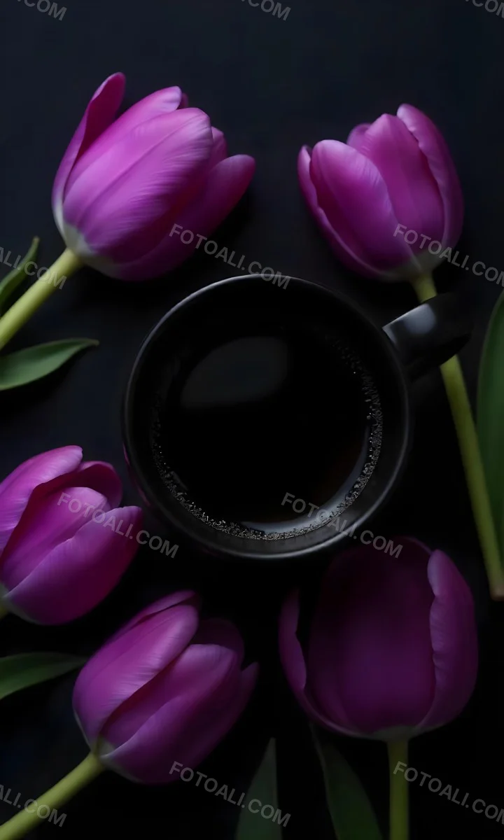 A Black Cup Of Black Coffee Surrounded By Purple Tulips On A Black Background 22 E809