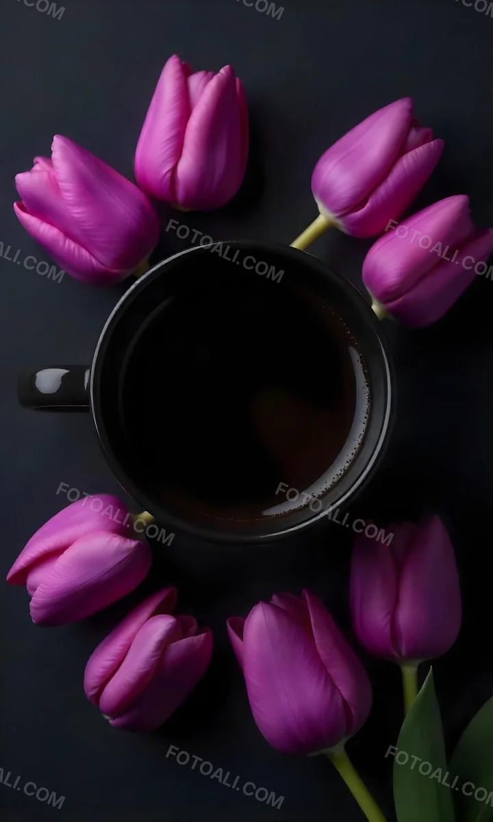 A Black Cup Of Black Coffee Surrounded By Purple Tulips On A Black Background 23 4e43