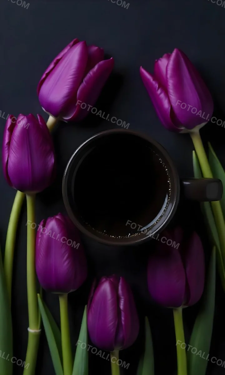 A Black Cup Of Black Coffee Surrounded By Purple Tulips On A Black Background 24 Dfd2