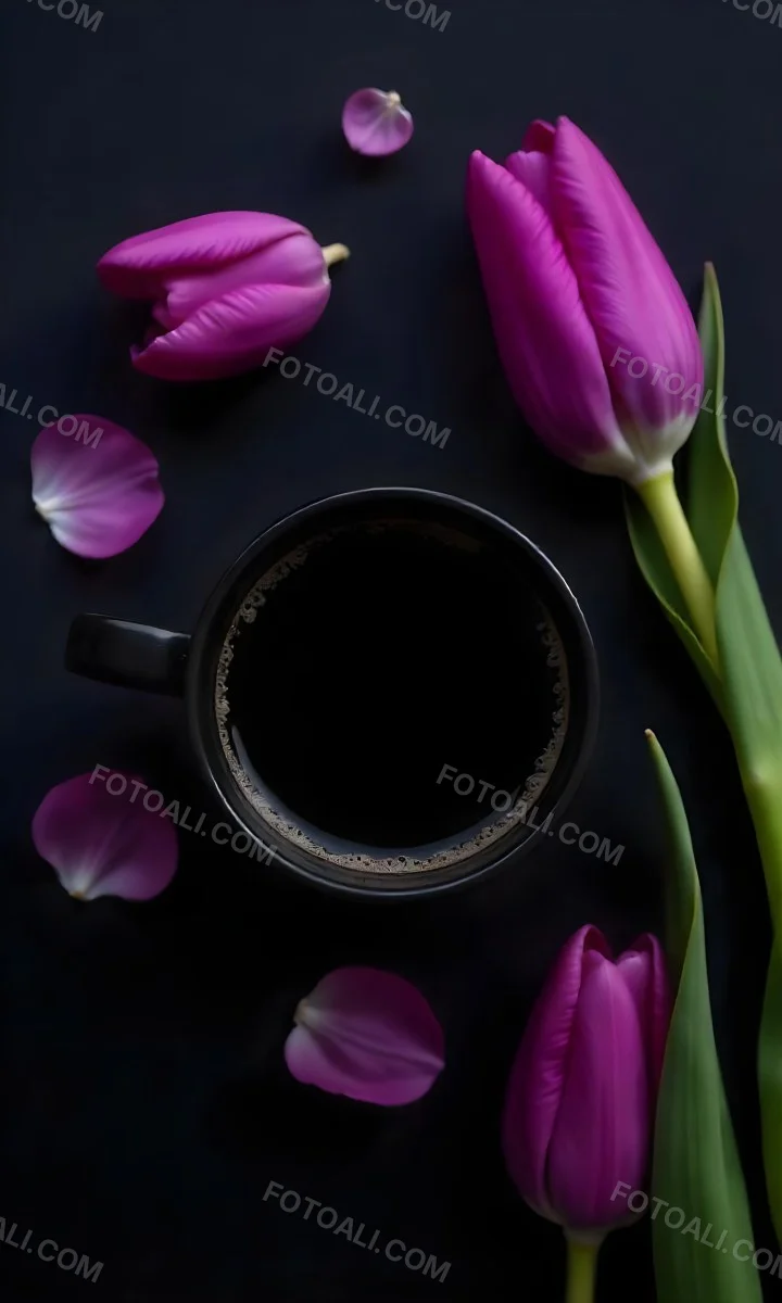 A Black Cup Of Black Coffee Surrounded By Purple Tulips On A Black Background 26 F4f3
