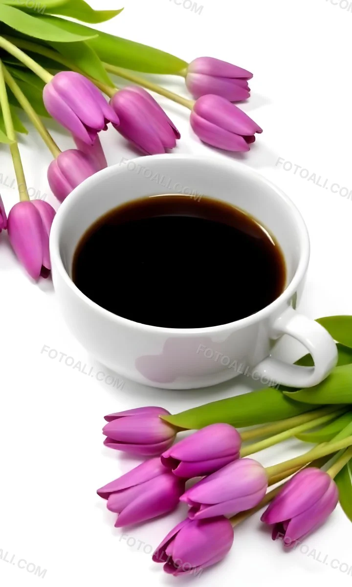 A Black Cup Of Black Coffee Surrounded By Purple Tulips On A Black Background 29 32b4