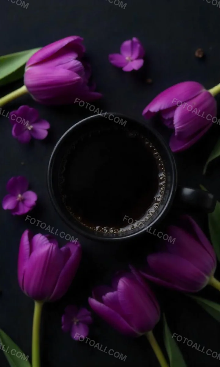 A Black Cup Of Black Coffee Surrounded By Purple Tulips On A Black Background 3 Bb66